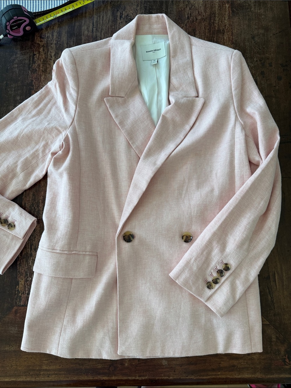 💖NEW Banana Republic Linen & Cotton Pink Hereingbone Double-Breasted Blazer 💖